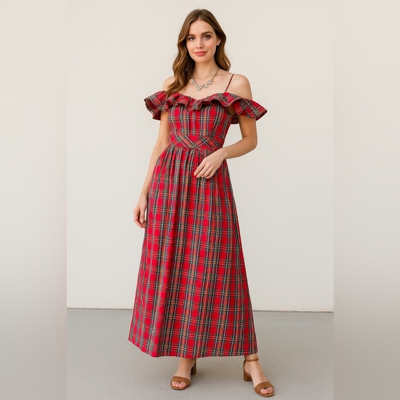 Vintage 1970s Red Royal Stewart Tartan Plaid Ruffle Off Shoulder Maxi Dress XS - Picture 2 of 16